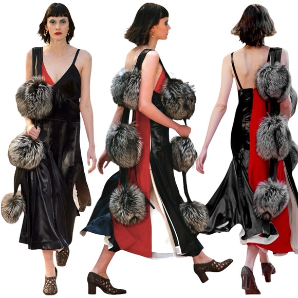 CÉLINE SILVER FOX FUR POM POM & BLACK LEATHER BOA SCARF BY PHOEBE PHILO - Picture 2 of 16